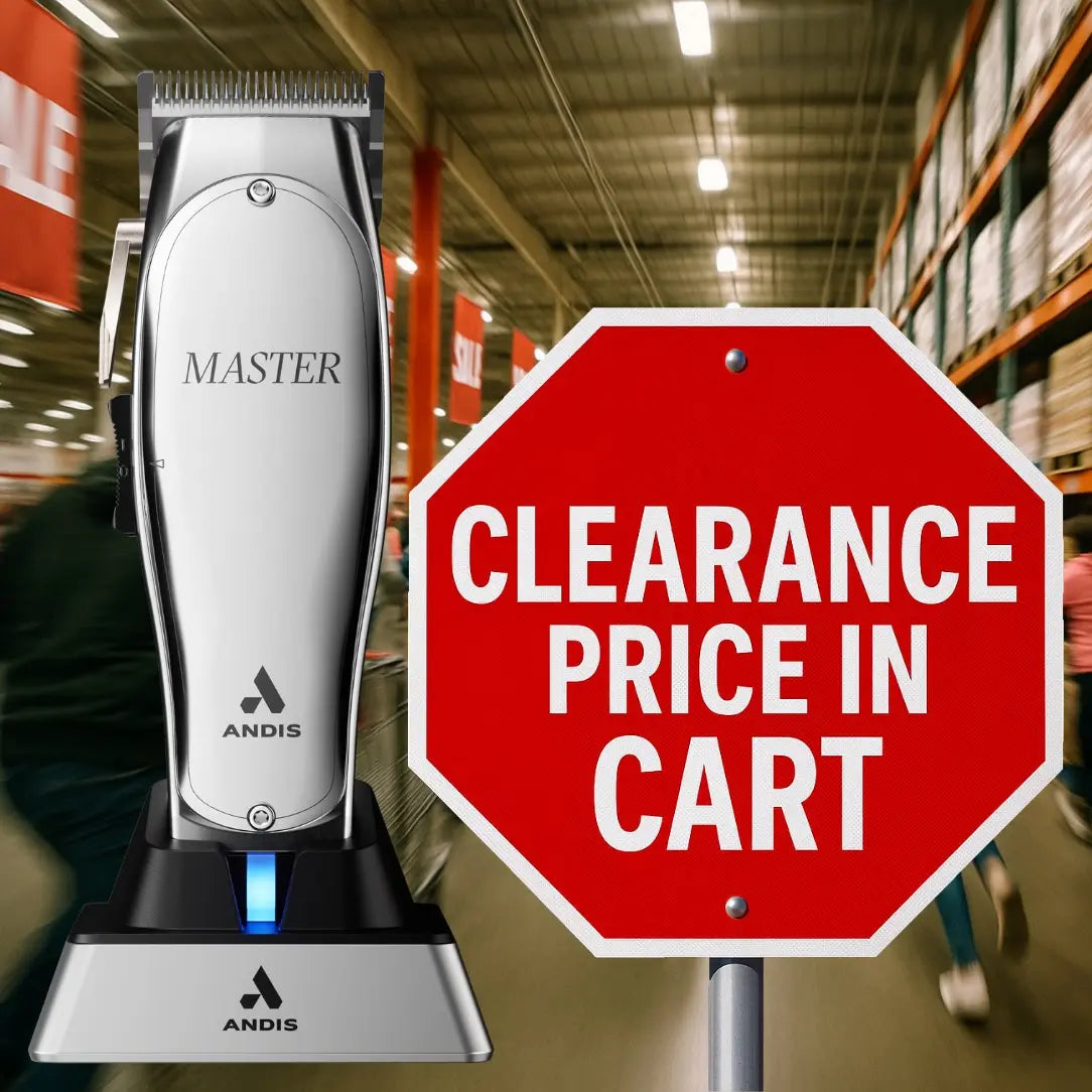 Andis Master clipper with a 'Clearance Price in Cart' sign in a warehouse setting