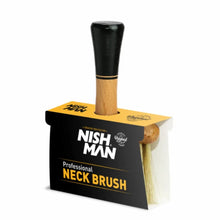 “Ergonomic wooden-handle NISHMAN neck duster for barbers and stylists.”