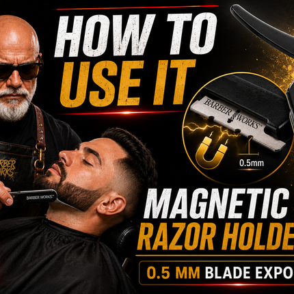 Barber Works Magnetic Razor Holder demonstration showing blade installation, secure magnetic hold, 0.5 mm blade exposure, and professional barber shaving use.