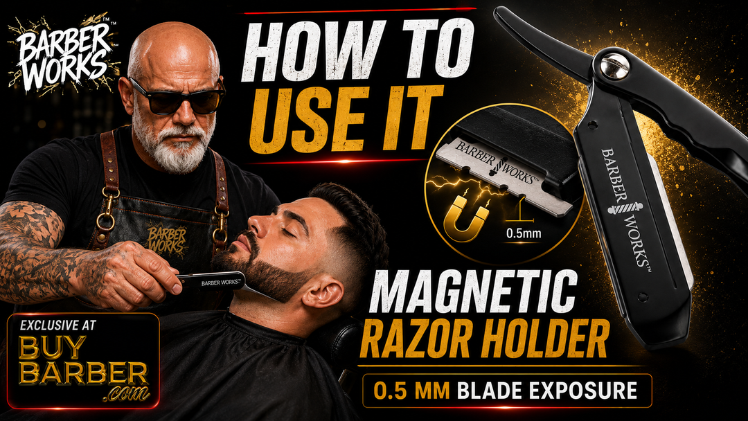 Barber Works Magnetic Razor Holder demonstration showing blade installation, secure magnetic hold, 0.5 mm blade exposure, and professional barber shaving use.