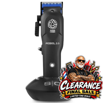 Rebel 2.0 Professional Hair Clipper Hair trimmer with 'Super Carbon' branding on a white background. A large 'CLEARANCE FINAL SALE' promotional graphic is overlaid in the lower right corner.