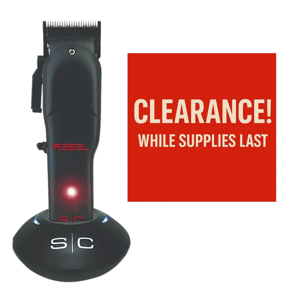 Hair clipper with 'Rebel' branding on a white background, featuring a 'Clearance! While Supplies Last' sign.