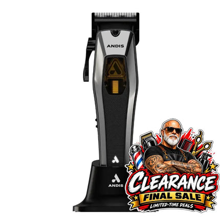 ANDIS electric hair clipper in black and silver with a gold accent, standing on its black charging base against a white background, with a 'Clearance Final Sale' graphic overlay in the bottom right corner.