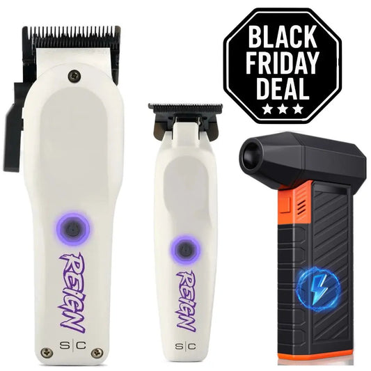 Two white hair clippers with purple Reign logo and a black Friday deal sign above them.
