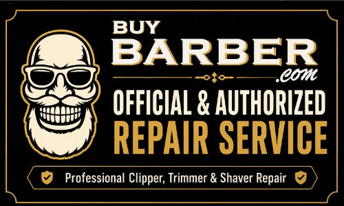 Promotional graphic for Barber.com official and authorized repair service, featuring a cartoon bearded man wearing sunglasses on a black background with gold and white text.