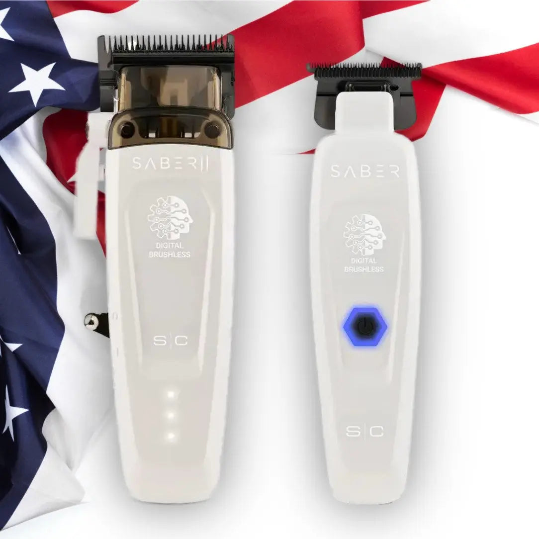 Two hair trimmers with Stylecraft 'Saber' branding on a white background with an American flag.