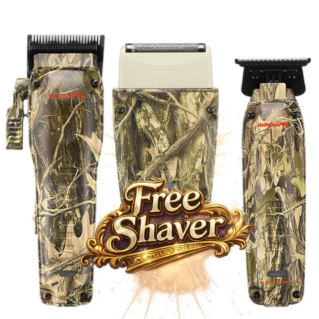 BaBylissPRO LO-PROFX Camo Bundle: Clipper + Trimmer + FREE Shaver Camouflage-patterned electric shaver set with 'Free Shaver' branding on a white background