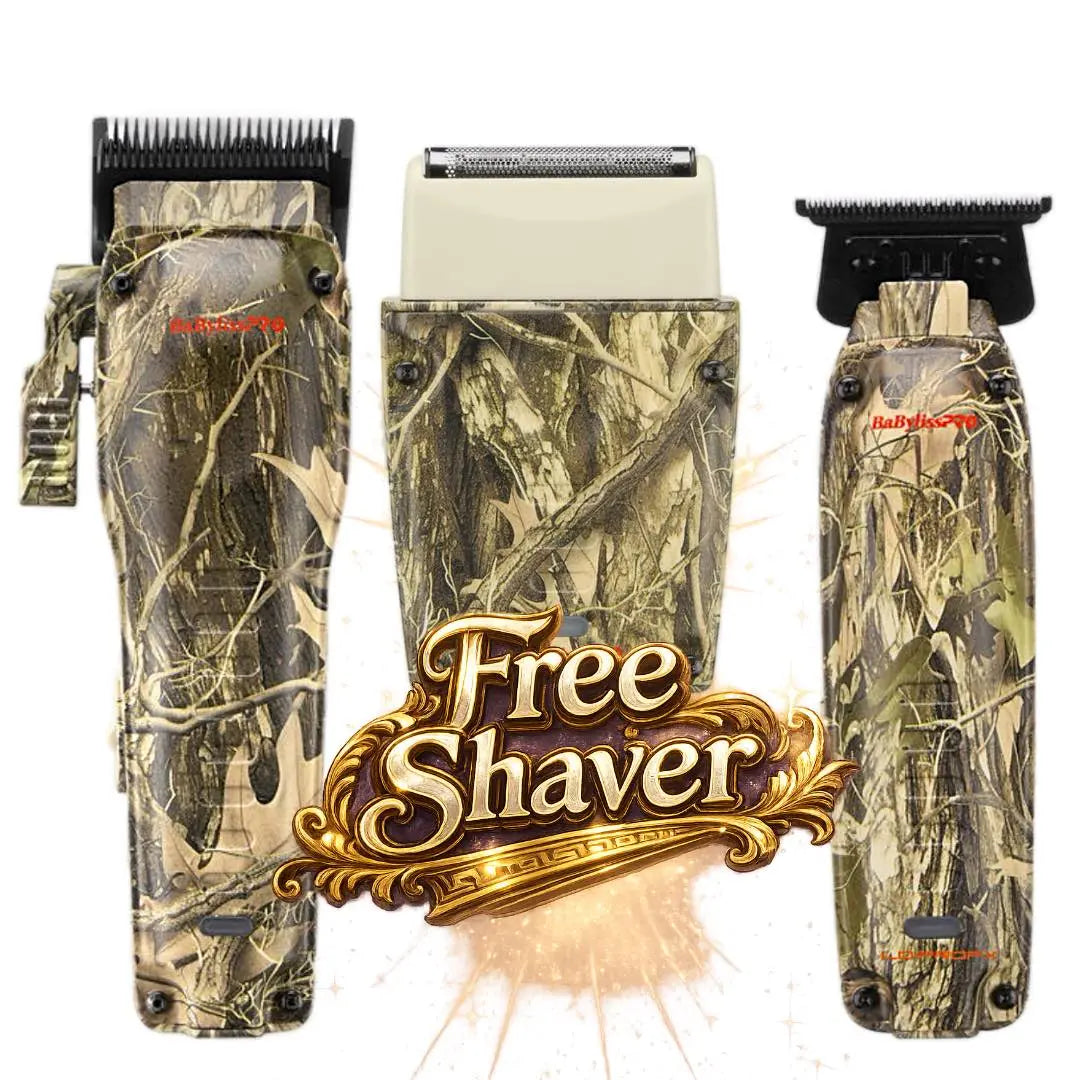 BaBylissPRO LO-PROFX Camo Bundle: Clipper + Trimmer + FREE Shaver Camouflage-patterned electric shaver set with 'Free Shaver' branding on a white background