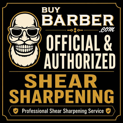 A promotional graphic for 'Buy Barber.com Official & Authorized Shear Sharpening' featuring a stylized cartoon skull wearing sunglasses with a beard on a black background with gold and white text.