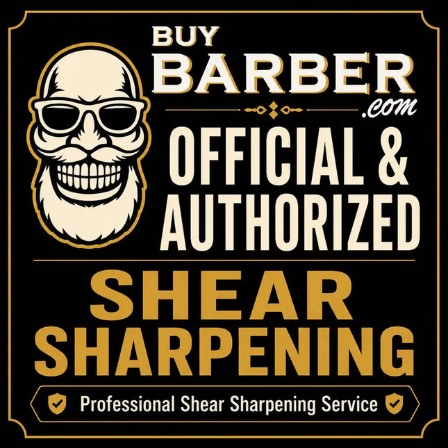 A promotional graphic for 'Buy Barber.com Official & Authorized Shear Sharpening' featuring a stylized cartoon skull wearing sunglasses with a beard on a black background with gold and white text.