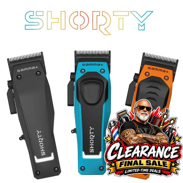 Three handheld clipper cutters shown on a white background: one matte black, one bright blue, and one orange. The brand name SHORTY appears at the top, and a large 'CLEARANCE FINAL SALE' promotional graphic overlays the lower right.