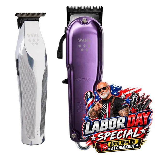 Two Wahl clipper models shown on a white background: a silver and white clipper on the left and a metallic purple clipper on the right. A large Labor Day Special promotional graphic is overlaid at the bottom right, featuring a barber illustration and text.