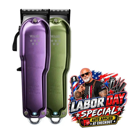 Two WAHI Powerclips hair trimmers shown side by side on a white background, one in metallic purple and one in metallic olive green. A Labor Day Special promotional badge is overlaid on the bottom right.