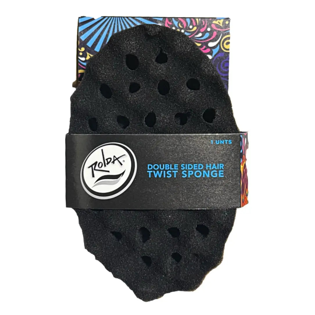 Rolda Black double-sided hair twist sponge with colorful packaging on a white background