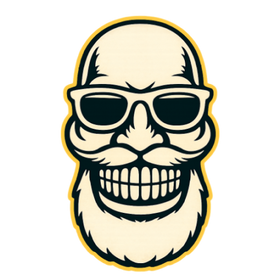 A cartoon-style skull wearing black sunglasses, with a cream face, black outlines, and a yellow border on a black background representing the barber company supplies in las vegas nv