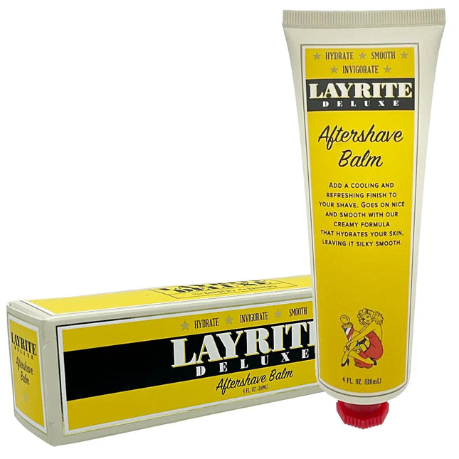 Layrite Deluxe Aftershave Balm tube and packaging on a white background