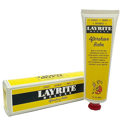 Layrite Deluxe Aftershave Balm tube and packaging on a white background