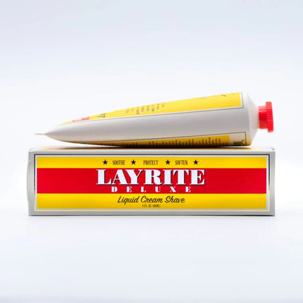 Layrite Deluxe Liquid Cream Shave tube and packaging on a white background