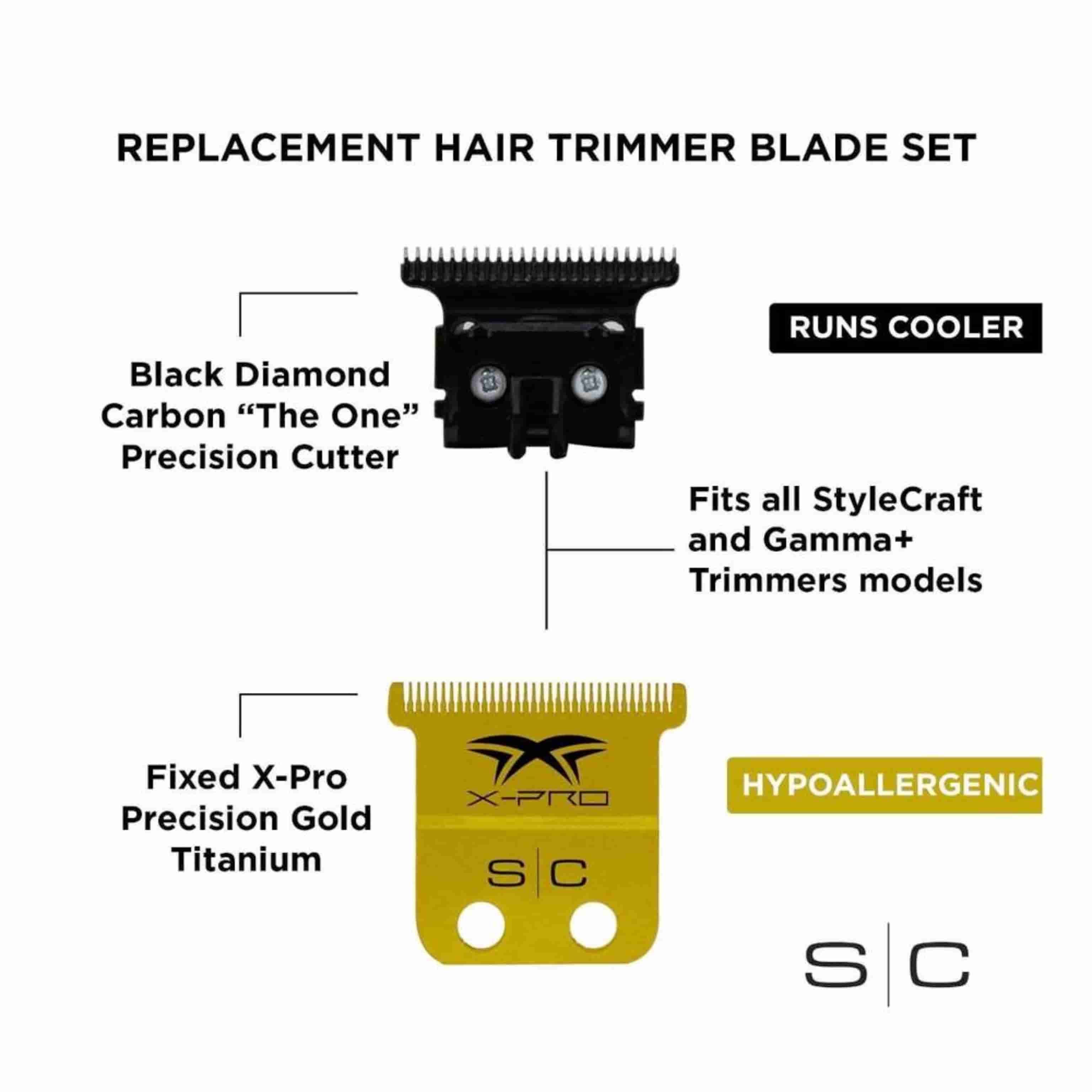 Replacement Fixed X-PRO Precision Gold Titanium Trimmer Blade with Black Diamond Carbon DLC The One Precision Deep cut Tooth Cutter Set - BUYBARBER.COM